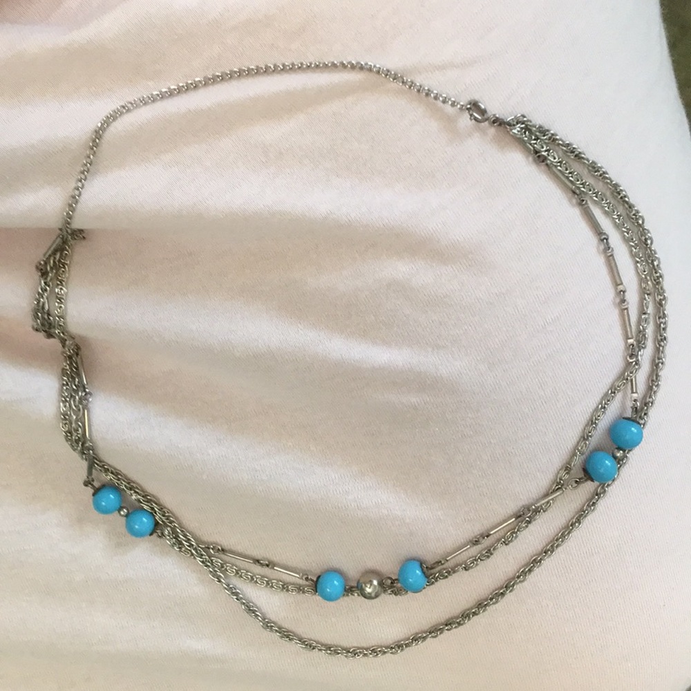 Three strands turquoise silver necklace- costume jewelry